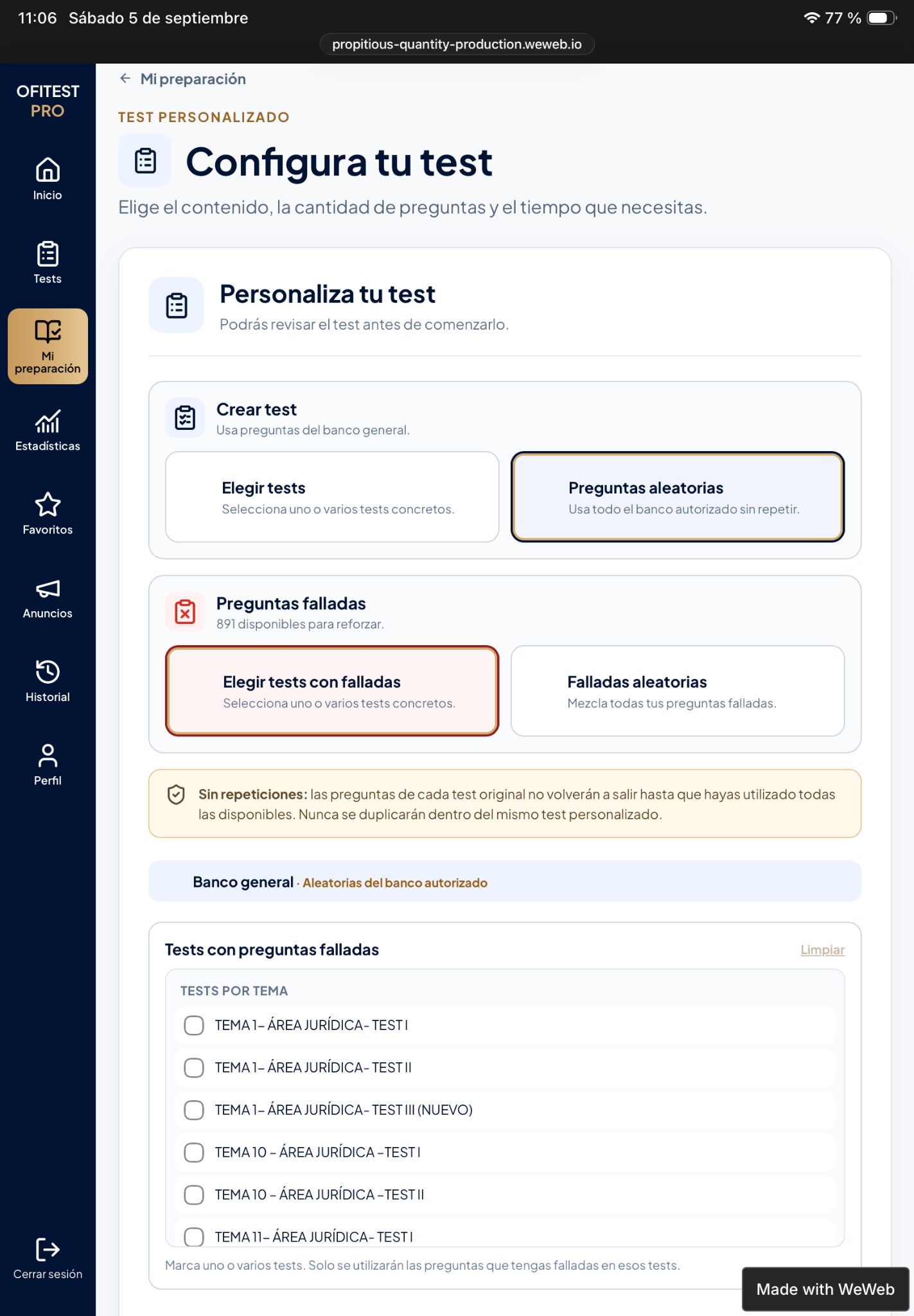 Plataforma OFITEST PRO en tablet
